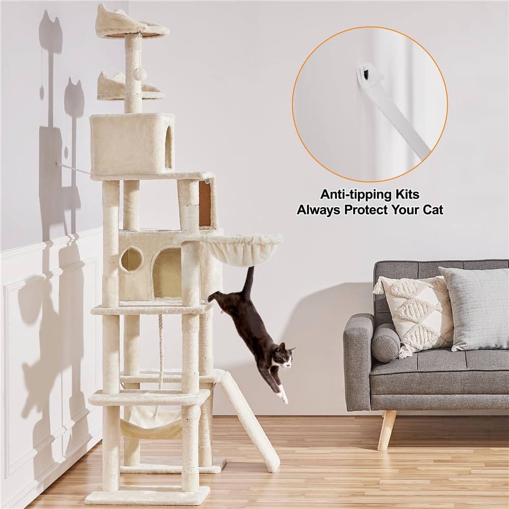 Albero Tiragraffi per Gatti in Truciolato Altezza 209 cm Corda in Sisal con Condomini e Amaca Multilivello Beige