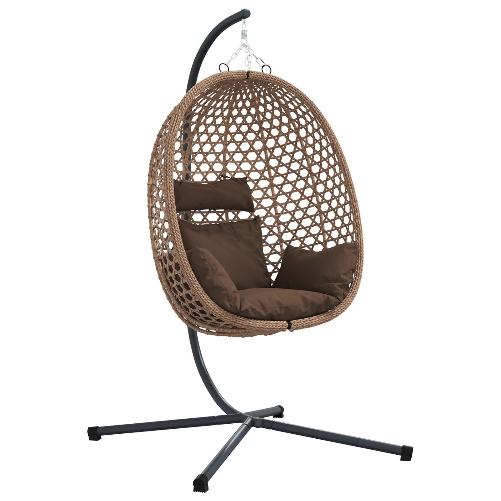 vidaXL Silla de huevo colgante con soporte de ratán y cojín de café, columpio de exterior para relajación, cesta, columpio, porche, patio, jardín, individual, trenzado, marrón