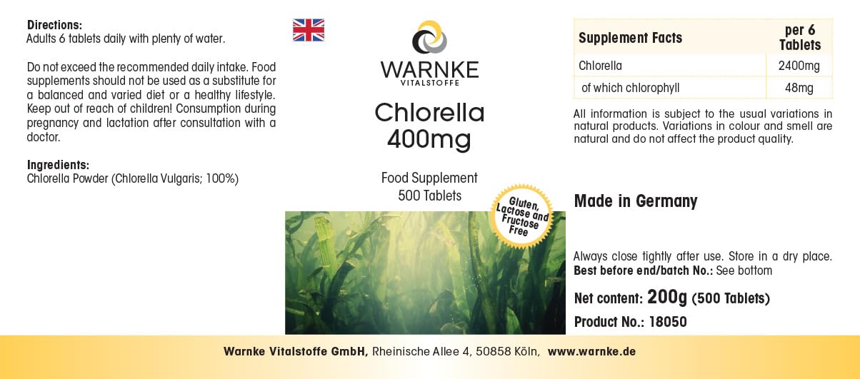 Chlorella 400 mg - 500 comprimés - faciles à avaler - poudre d'algue Chlorella vulgaris - avec chlorophylle - végétalien - grand format | Warnke Vitalstoffe - Qualité pharmaceutique allemande