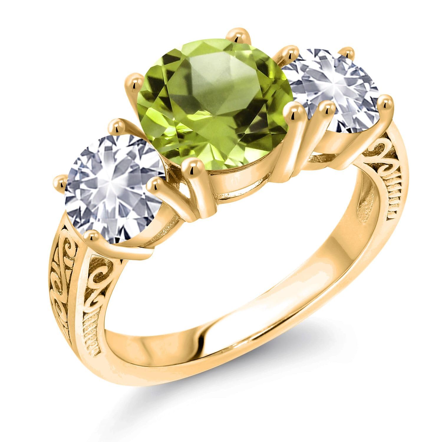 18K Yellow Gold Plated Silver Green Peridot and White Created Sapphire 3-Stone Engagement Ring For Women | 4.07 Cttw | Round 8MM & 6MM | Gemstone Birthstone