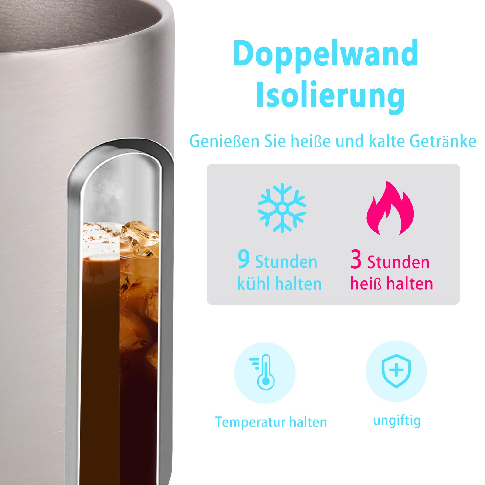 Volhoply 420ml Kaffee-Thermobecher, doppelwandiger Vakuum-isolierter Edelstahlbecher mit Griff, lebensmittelechter 18/8-Edelstahl, hält Getränke heiß und kalt für Camping, Büro (Mehrfarbig, 4er-Set)