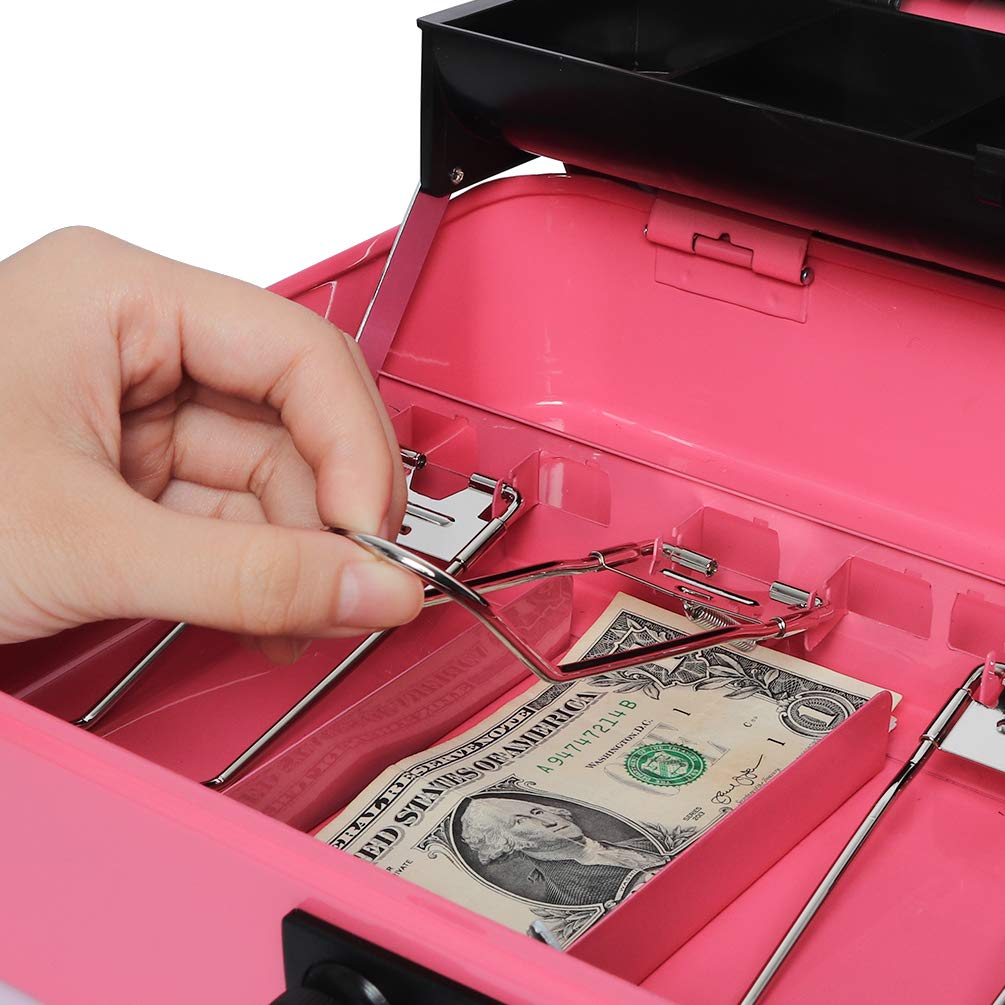 Decaller Cassetta portavalori a sbalzo in metallo con serratura a combinazione, grande salvadanaio – 5 scomparti con coperchio e 4 clip a molla per banconote, rosa, 11 4/5 "x 9 2/5" x 3 1/2"