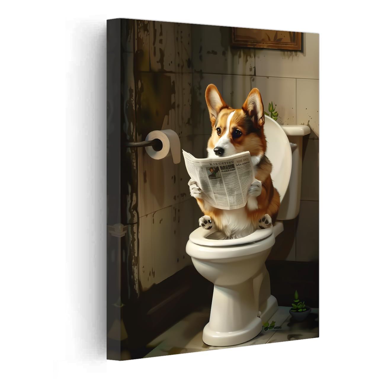 PBXBJY Bathroom Corgi Wall Art Funny Dog Bathroom Decor Corgi on Toilet Poster Prints Cute Animal Canvas Artwork for Restroom Toilet Wall Decor Framed