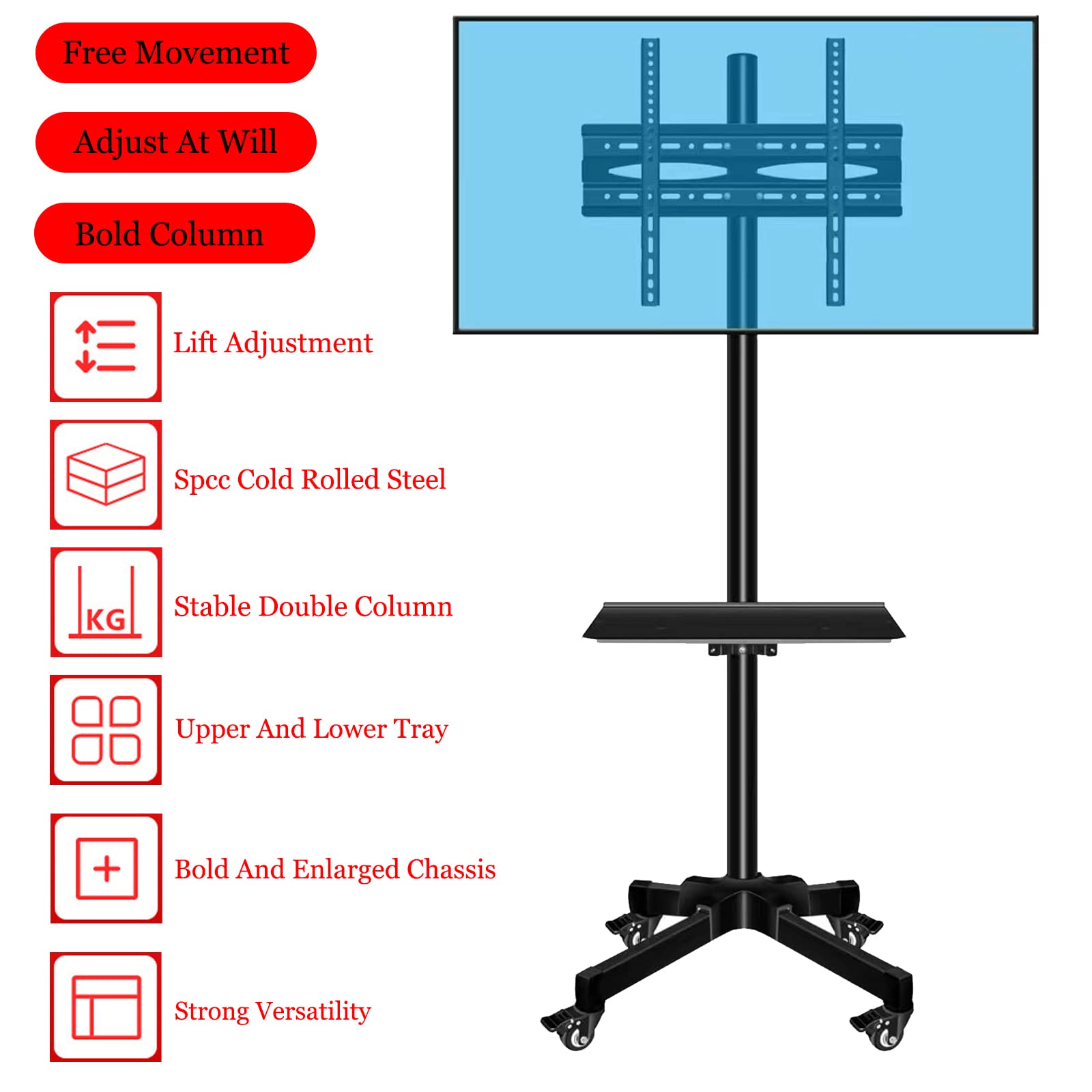 SRHIMEOS Chariot TV Meuble Télé Support avec Roulette Pied Pivotant et Réglable en Hauteur de 32 à 65 Pouces VESA Max de 600 x 400 mm Capacité Max de 80kg