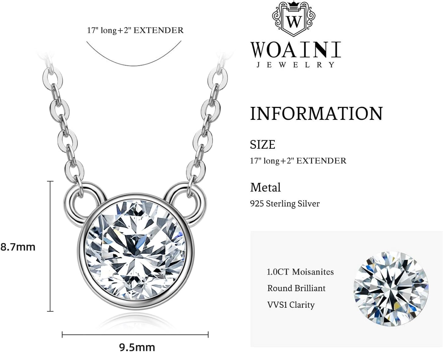 WOAINI 1-2 Carat Moissanite Solitaire Pendant Necklace in 925 Sterling Silver, Adjustable Necklaces Pendant Bezel-Set with Moissanite, 17"+2", Jewelry Gift for Women - Image 3