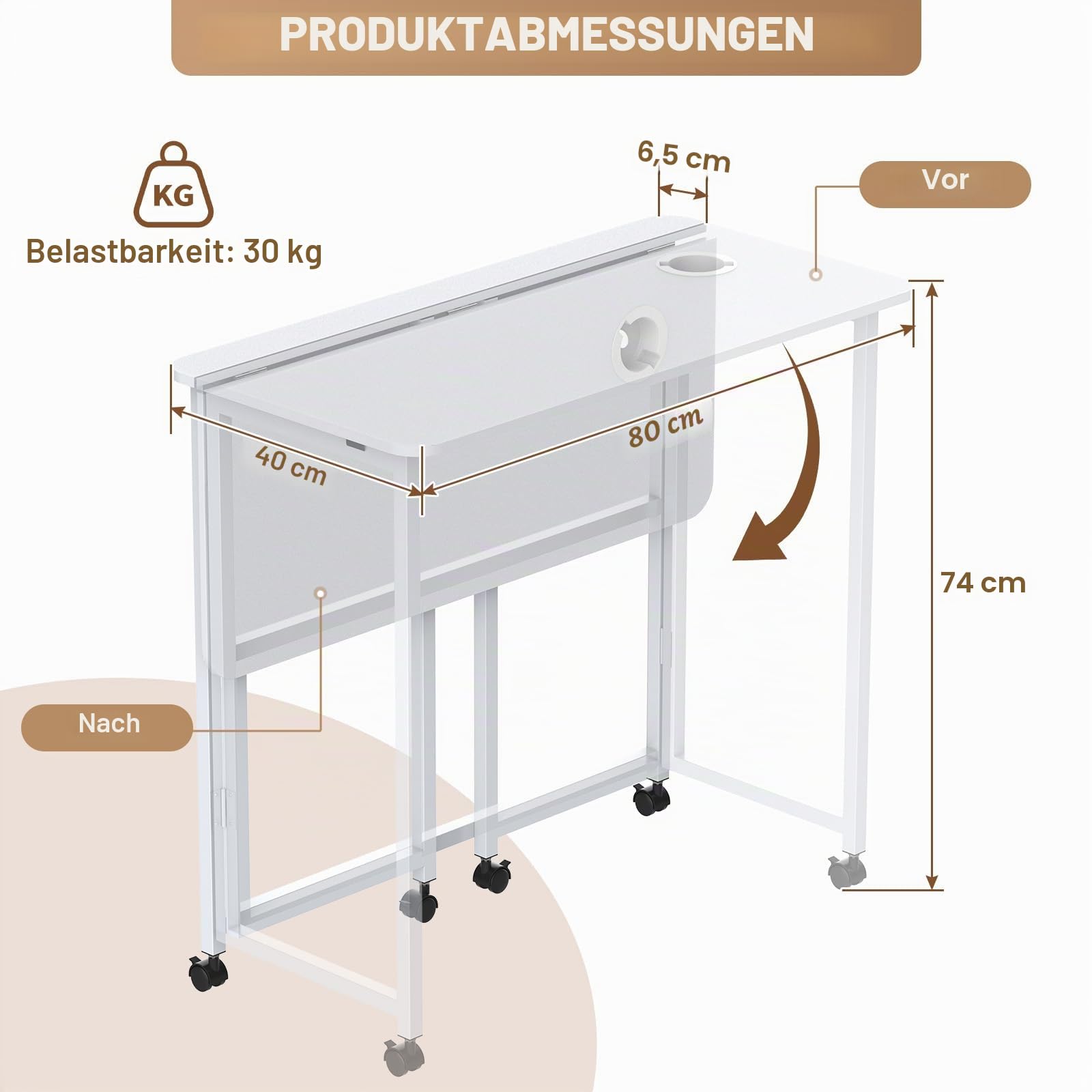 Huracan Klappschreibtisch, Kleiner Schreibtisch Klappbar mit Rollen, Höhenverstellbar 80x40x74 cm, Multifunktionaler Schreibtisch für Home Office, Arbeiten & Hobbys, Ergonomisch, Platzsparend, Weiß
