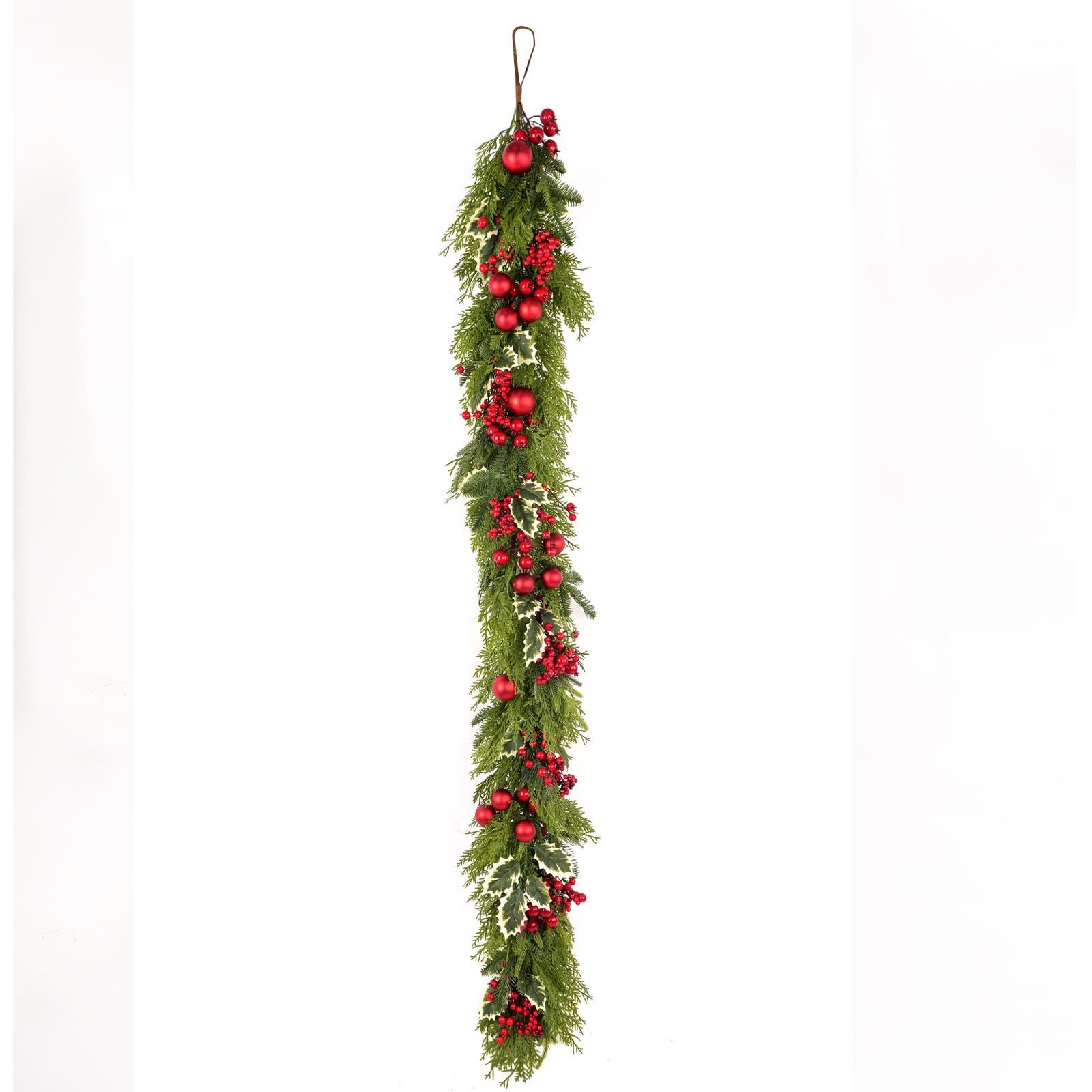 Guirlande de Noël en pin Norfolk de 1,8 m avec eucalyptus artificiel, boules de baies de nœud rouge, cèdre artificiel réaliste pour cheminée de vacances, table, cheminée, décoration de Noël