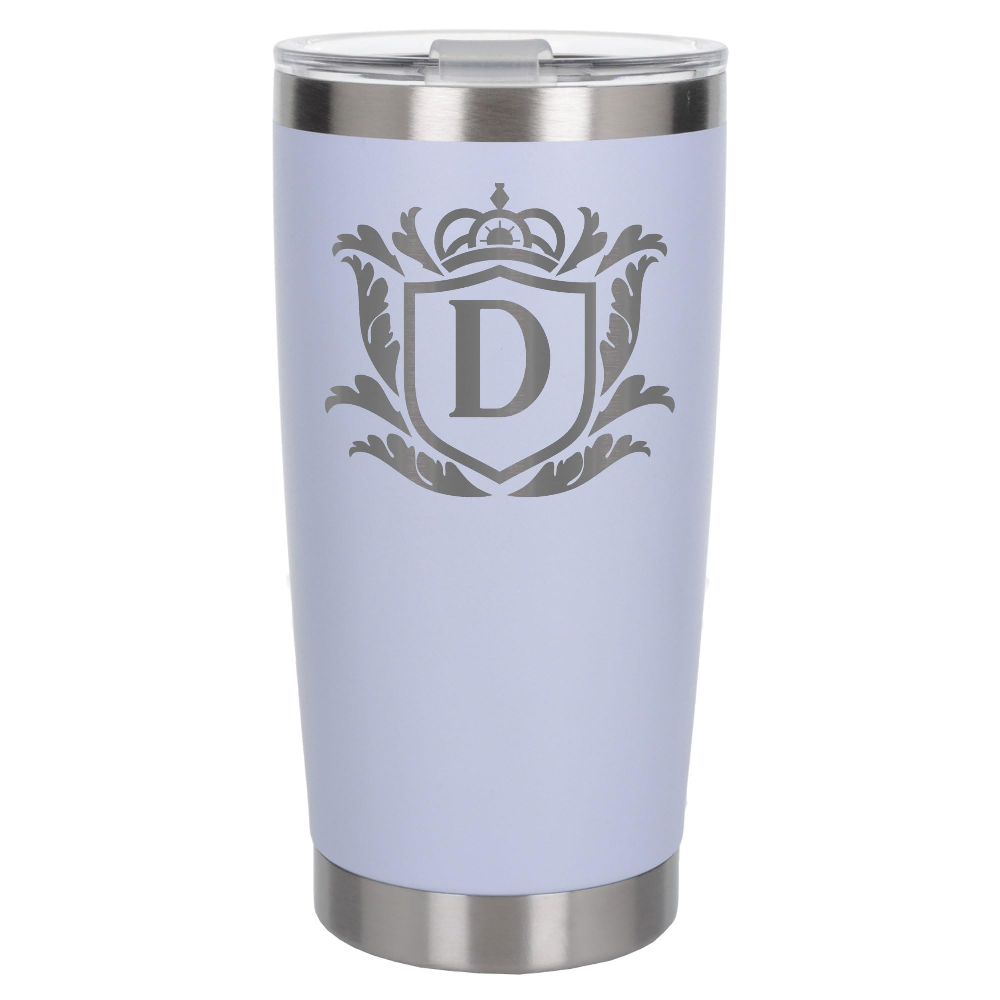 Customised Gifts 500ml Engraved Shield Initial Monogram Insulated Personalised White Travel Mug for Men and Women - Personalised Initial Coffee Travel Mug for Hot and Cold Beverages, Letter D