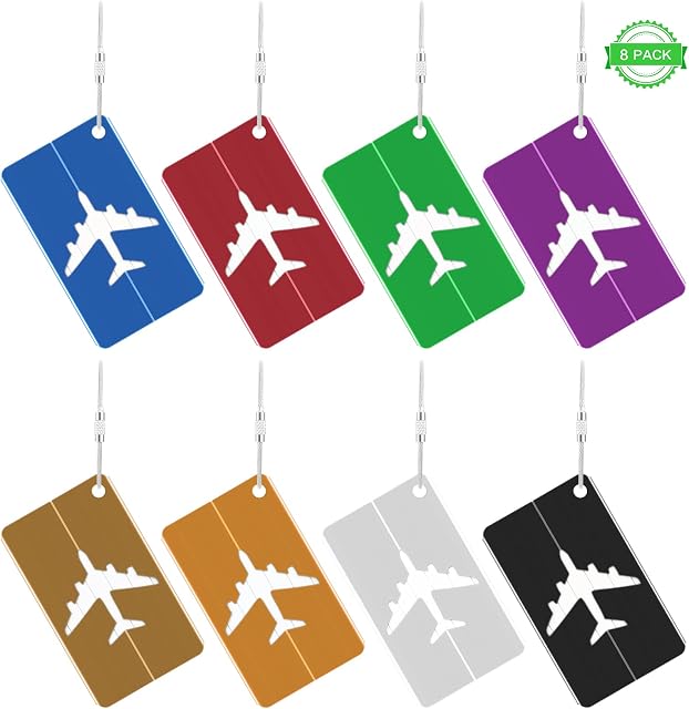 8 PCS Luggage Tags, Metal Suitcase Tag with Name Address Tel Email Labels, Anti-Rust Aluminium Baggage Handbag Tags, Waterproof Travel Luggage Id Tag Prevent Loss for Travel Business Trip