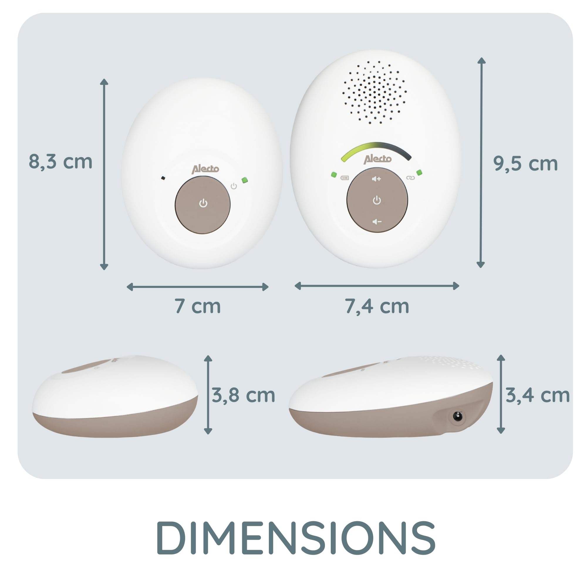 Alecto DBX110 Babyphone Audio – Babyphone numérique avec DECT – Portée de 300 m – Design compact – Échelle de volume LED – Fonction VOX – Faible rayonnement – Beige