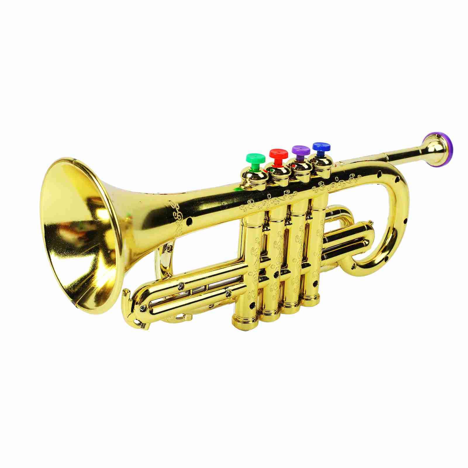Kindertrompetenspielzeug, Pädagogisches Musikinstrument mit 4 Farbigen Tasten für Kinder, Echter Trompetenklang Goldfarben Sicheres Plastikmaterial