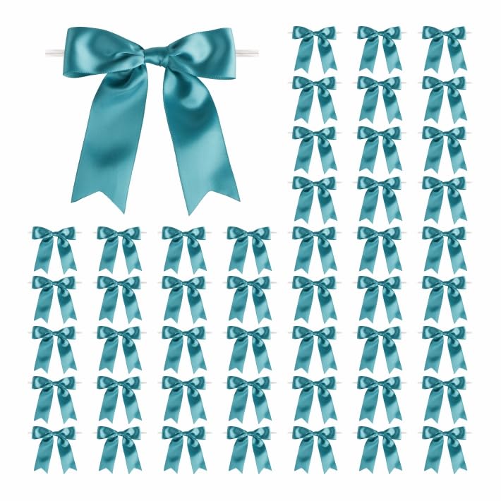 Meseey 50 Pcs 5 Inches Twist Tie Satin Ribbon Bows Pretied Premade Craft Bows for Treat Bags Gift Wrapping Basket Wedding Baby Shower Brithday
