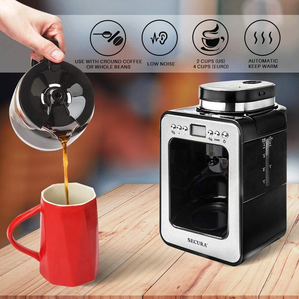 Secura Automatic Coffee Maker with Grinder, Programmable Grind and Brew