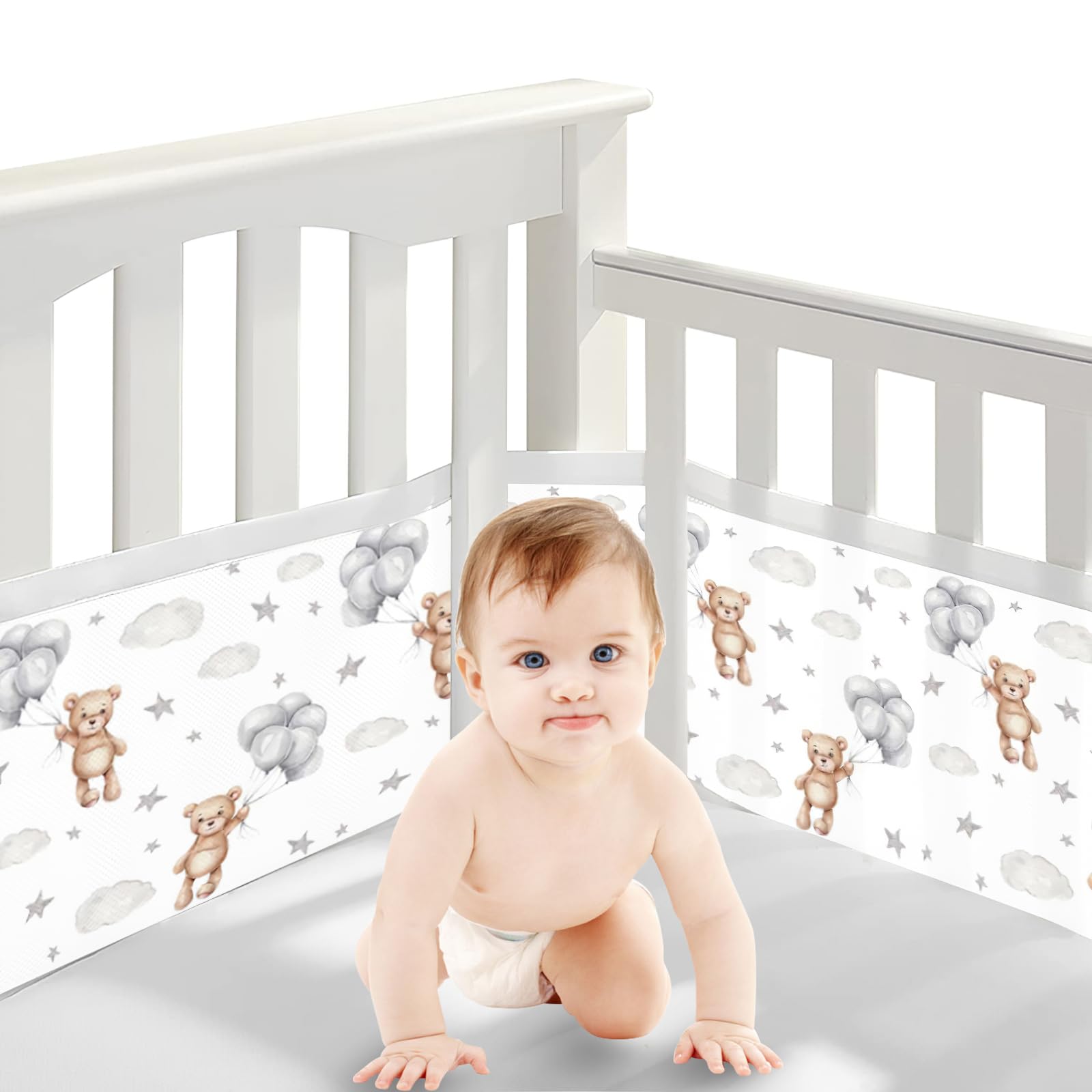 Bizcasa 2 Stück Bettumrandung Babybett,Babybett Umrandungen Breathable Netzgewebe Umrandungen,4-Seitiges Netzfutter, Kinderbett Schutz für Kinderbetten-Verstellbar,Abnehmbar -340cmx30cm + 160cmx30cm