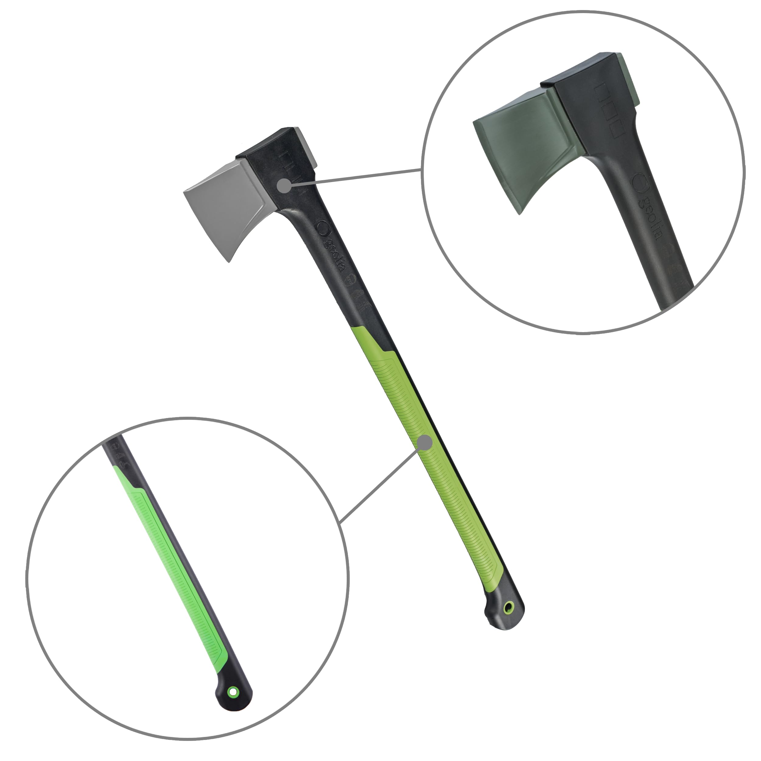 Spalthammer - Spaltaxt - Axt - Stahl - Fiberglasstiel - Ergonomischer Griff - Stiel 81,5 cm - Kopfgewicht 2,5 kg - Mit Plastikhülle - Grün - Schwarz