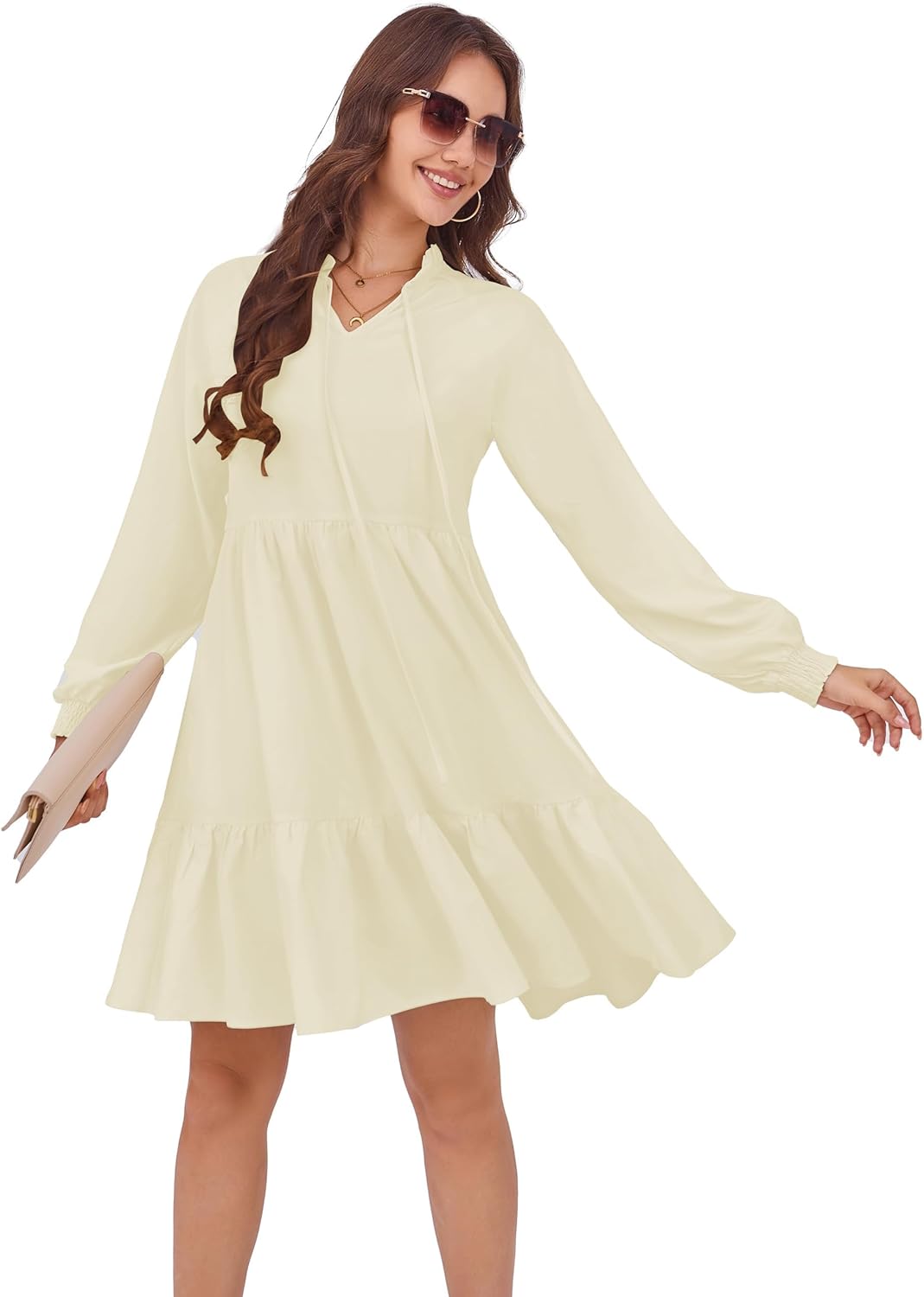 HUSKARY Baby Doll Dresses Women Fall Casual Tie V Neck Ruffle Tiered Tunic Dress Knee Length Cute Dresses with Pockets - Image 4