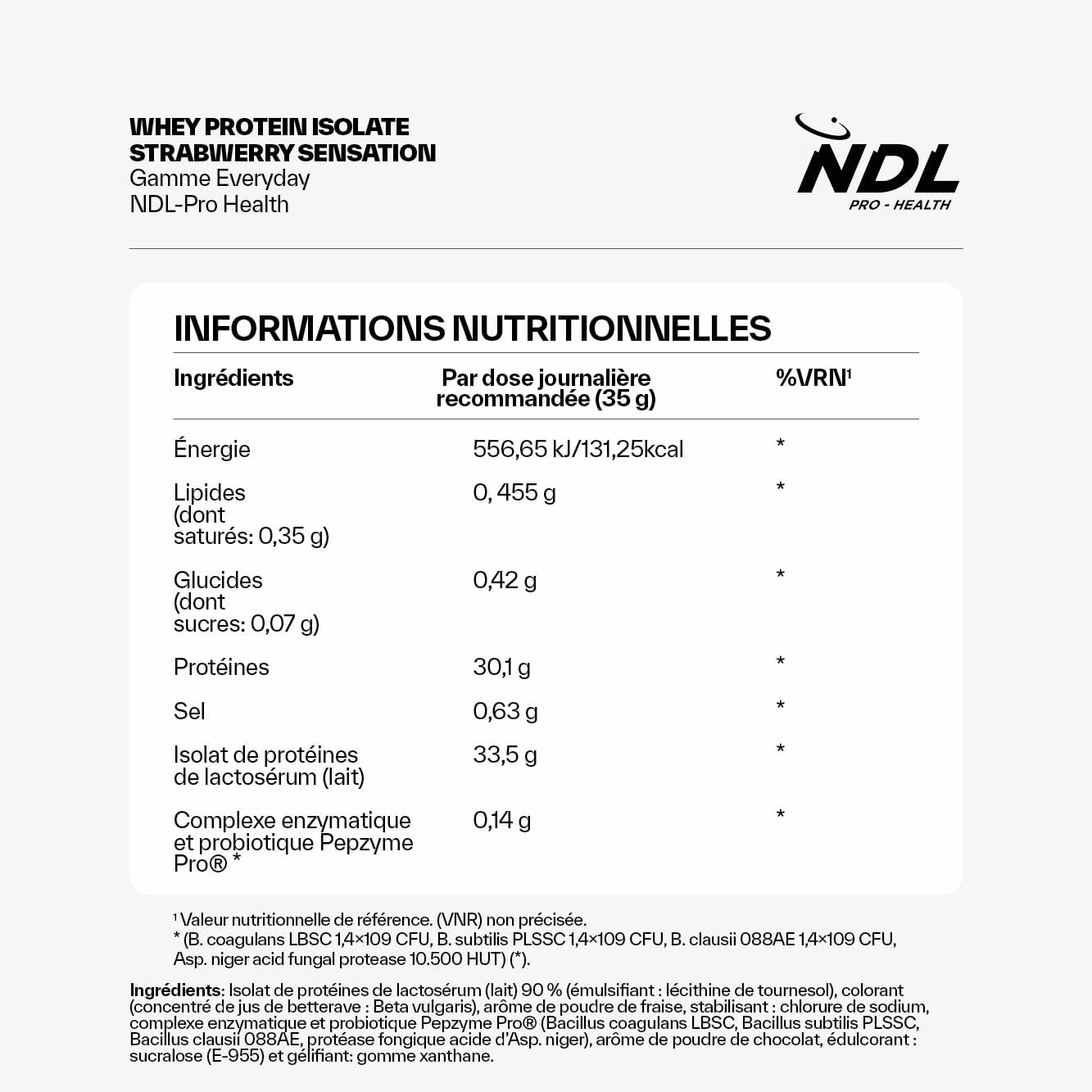 NDL Pro-Health Whey Protein Isolate Fraise | Probiotiques Pepzyme Pro® | 90% protéines, avec probiotiques Pepzyme Pro®, faible en sucres et graisses, haute digestibilité et solubilité, 1kg