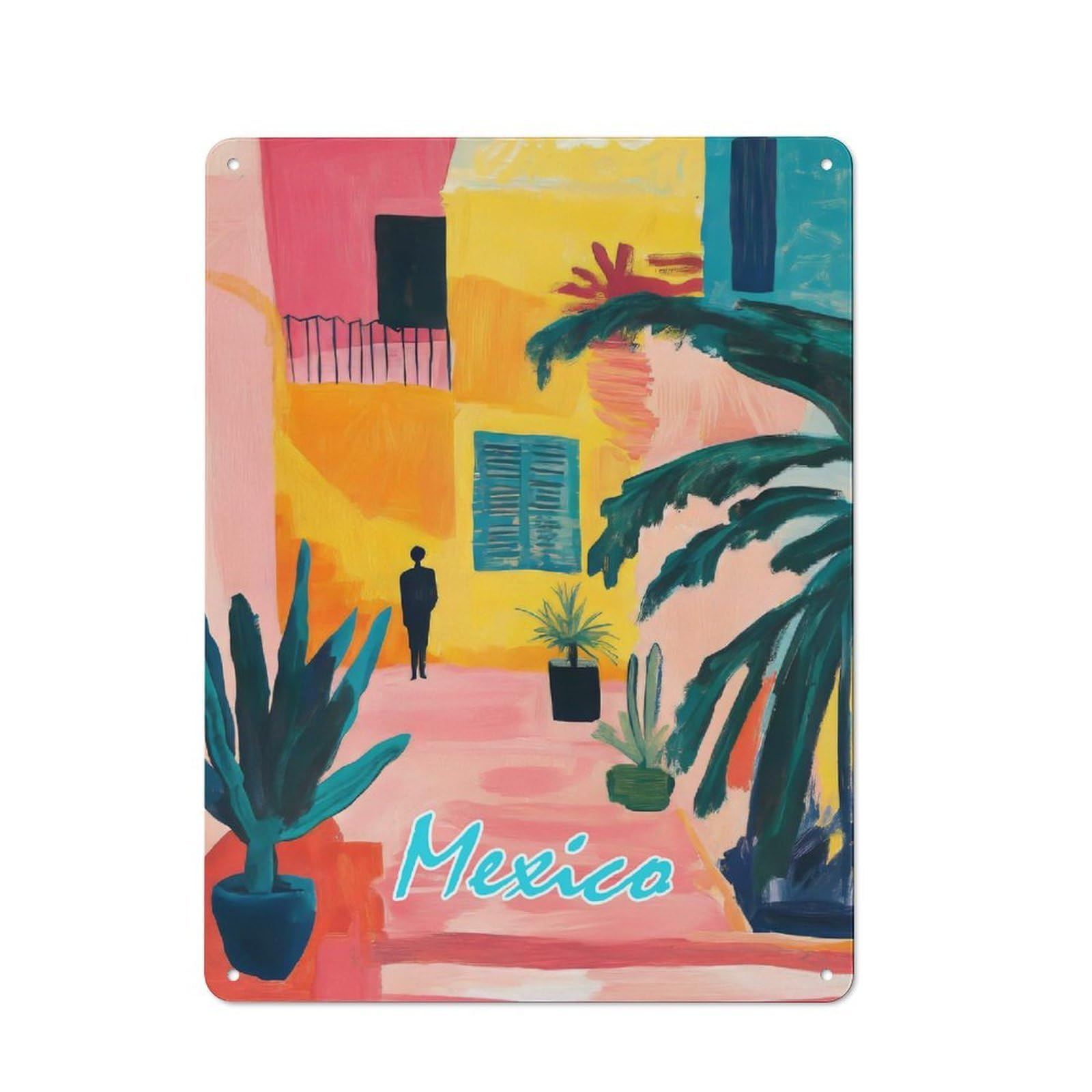 Junmoney Style-8 Retro Metal Wall Sign 40X30cm Featuring Mexico Courtyard Painting For Pub Or Café, For Garage, Workshop And Man Cave Decoration