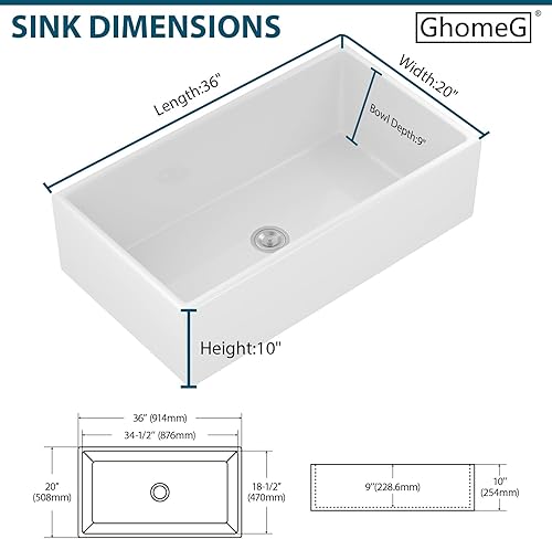 Vista 23 de Fregadero de 33 unidades de arcilla refractaria de 33 x 20 x 10 pulgadas, color blanco, fregadero de cocina de porcelana de cerámica, estilo casa