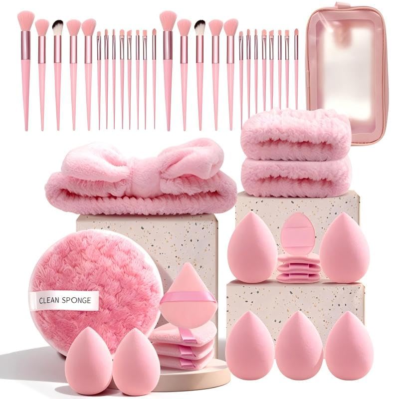 Makeup Brush Set with Beauty Blenders and Facial Cleansing Sponge, Professional Cosmetic Tool Kit (Pink, 47 PCS)