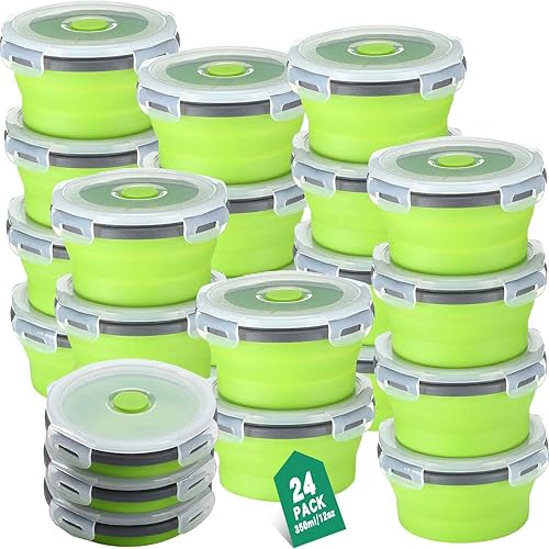 Jinei 24 recipientes plegables de silicona para almacenamiento de alimentos, 12 onzas, redondos, plegables, de silicona, con tapa hermética, para