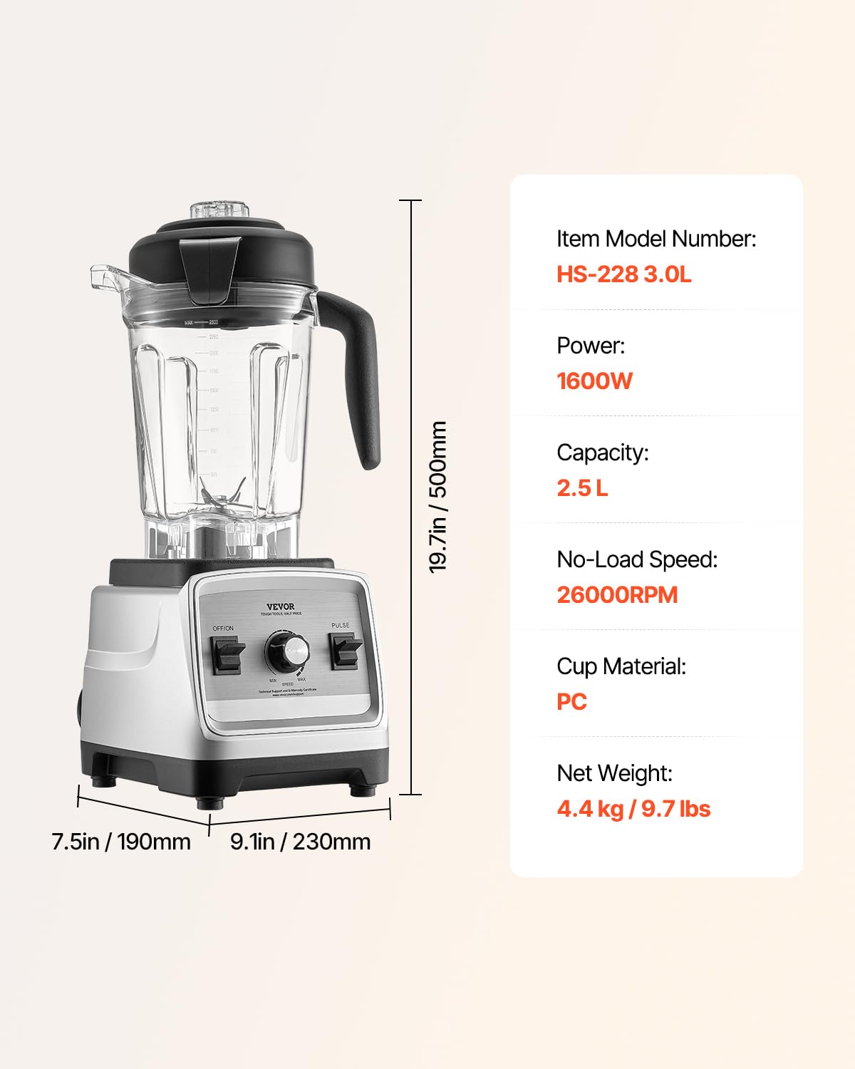 VEVOR Blender do napojów mrożonych 85 uncji 1600 W, blender elektryczny z mocnym silnikiem, wielofunkcyjny mikser do przetwarzania żywności do smoothie do soków do kuchni baru restauracji