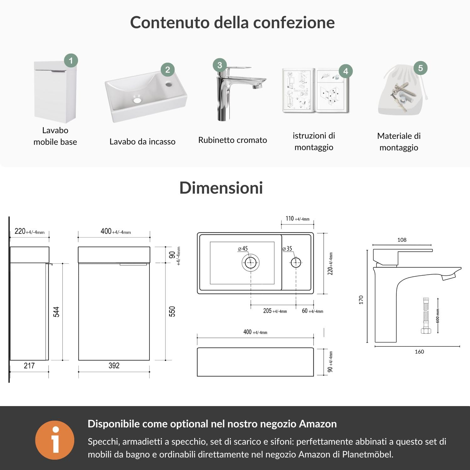 Planetmöbel Mobile bagno sottolavabo 40 cm con rubinetto cromata, mobiletto bagno con lavabo per bagni piccoli, WC ospiti, bianco