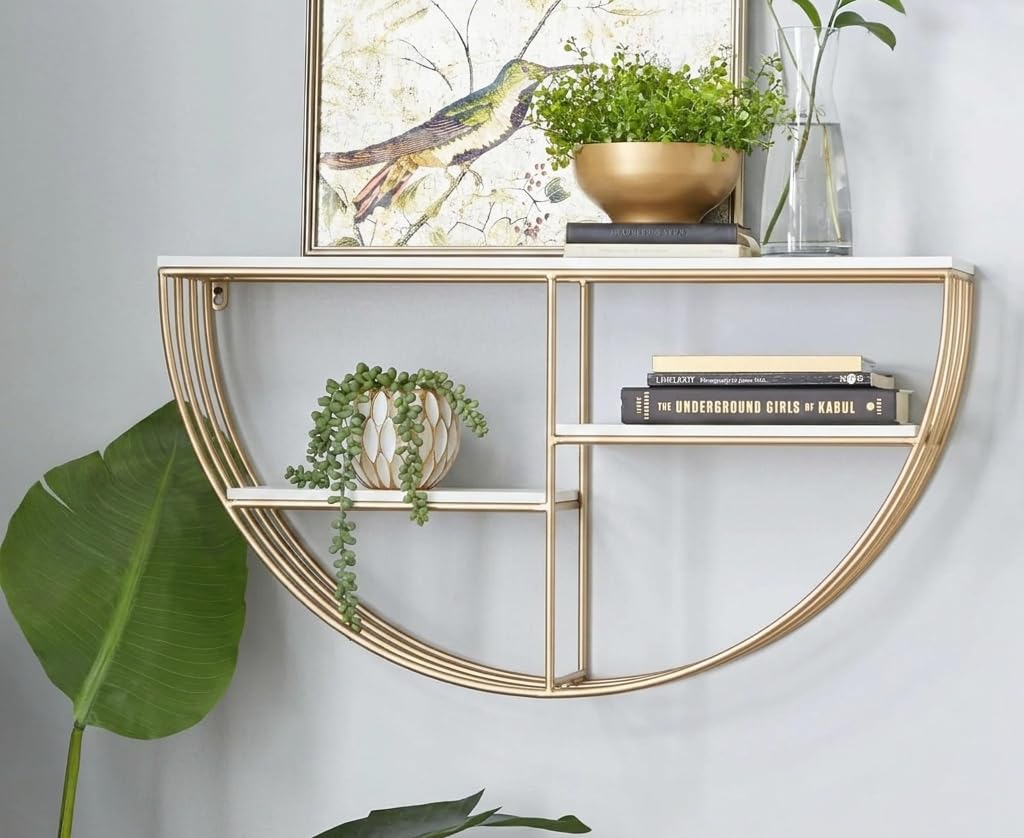 ARTROCK Modern Half Moon Wall Shelf with Metal Frame & Wooden Shelves, Decorative Wall Mounted Storage Rack, Floating Display Shelf for Living Room, Bedroom, Bathroom, Kitchen (White Gold)-image-8