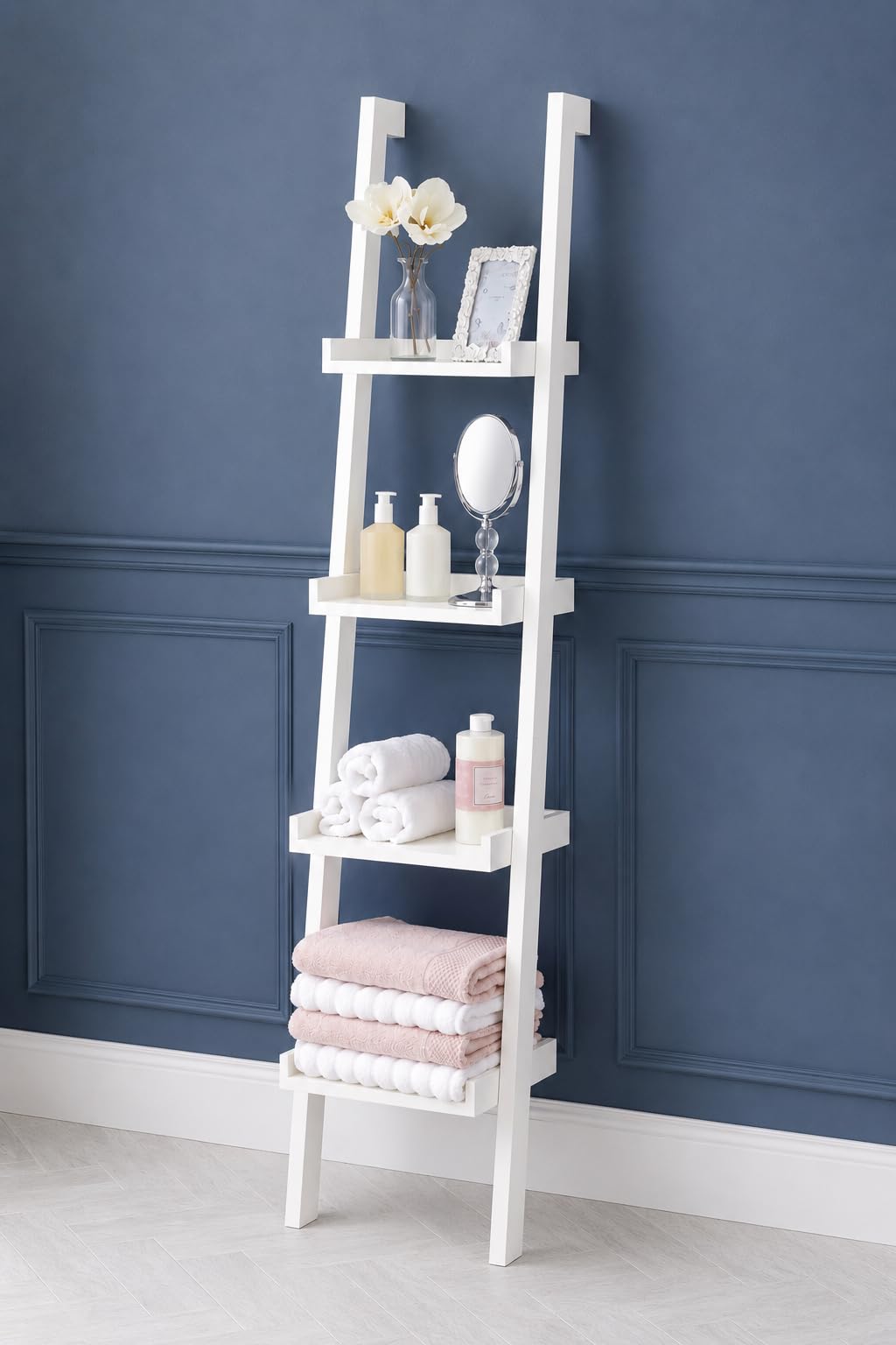 Sennen WHITE  Wooden 4 tier Ladder Shelf - Leaning Bookcase - White