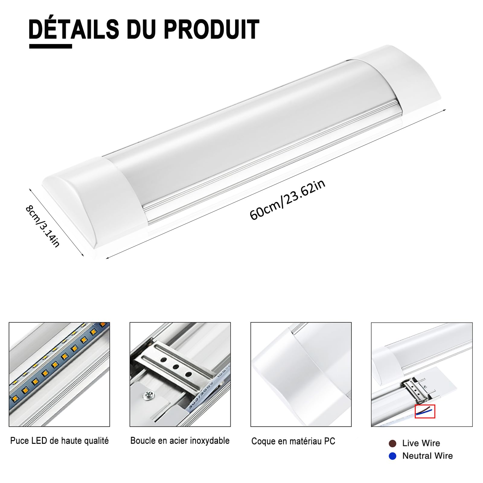 Sararoom 1 x 60 cm Bande LED Néon 20W - 2400LM 6500K Blanc Froid 60.0cm Plafonnier LED Garage Atelier Plafonnier LED Néon pour Lampe de Bureau Plafond Chambre Sans Prise Pas de Terre