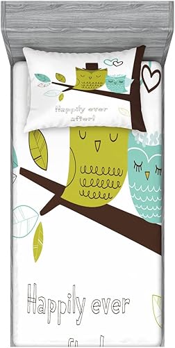 Lunarable Juego de sábanas y fundas de almohada de búhos, 2 búhos en ramas de árbol con mensaje «Happily Ever After Message», juego de ropa de cama