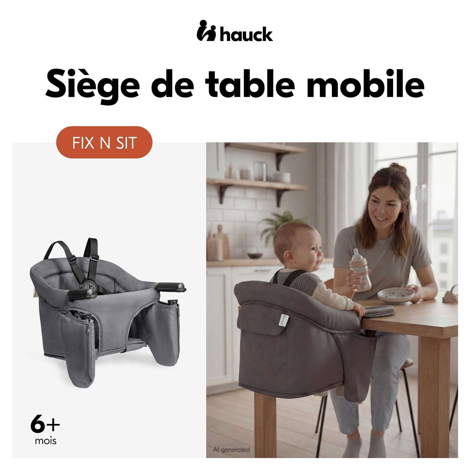 hauck Fix N Sit Siege de Table Bebe – Chaise Pliante Enfant avec Harnais 5 Points, Rangement Intégré, Léger & Compact, Installation Facile, dès 6 Mois jusqu’à 15 kg, Noir