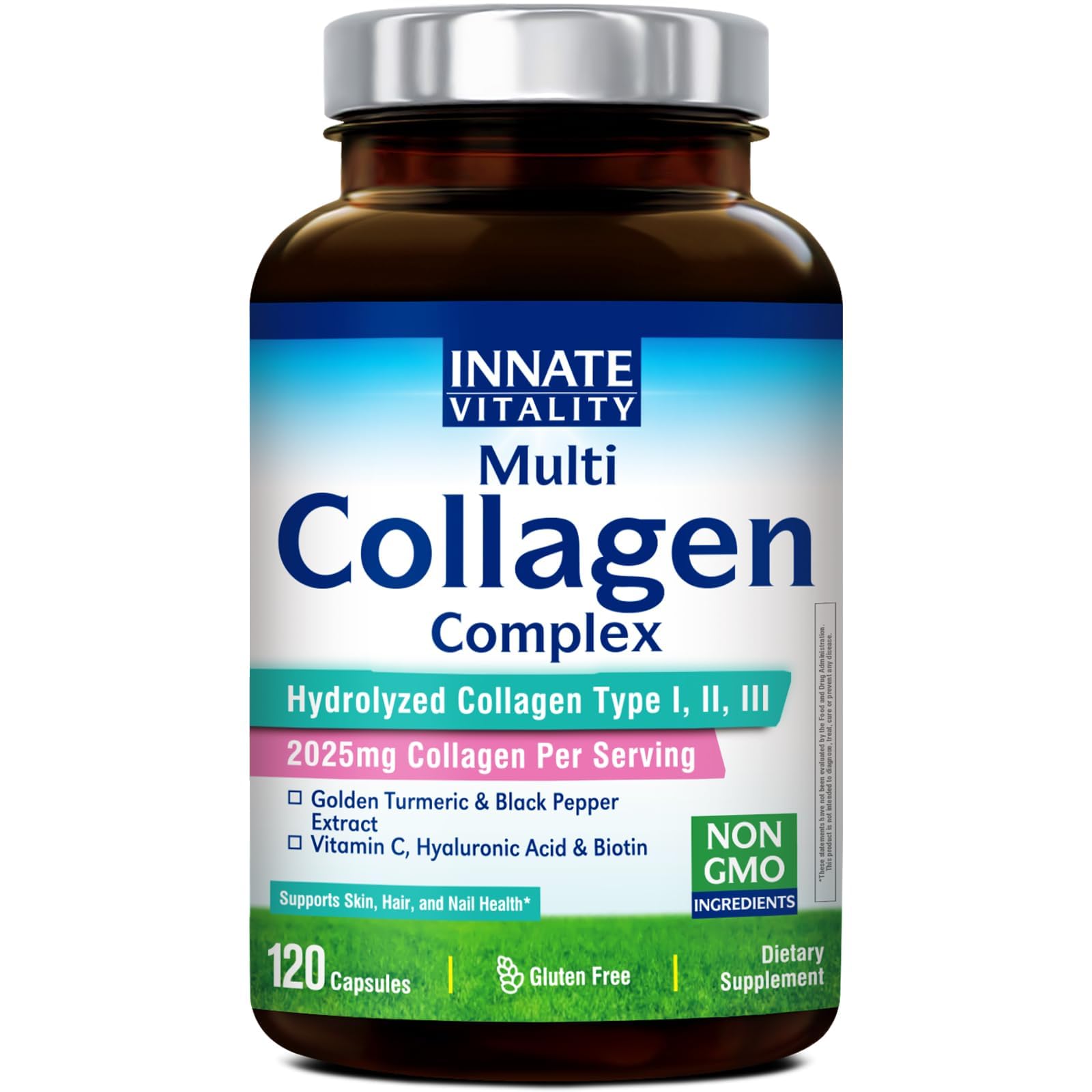 Innate Vitality Multi Collagen Peptides, Type I, II, III, Vitamin C, Biotin, Hyaluronic Acid & Turmeric, 2025mg Hydrolyzed Collagen for Women & Men, Skin, Hair & Nail Support, 120 Capsules 120 Count (Pack of 1)