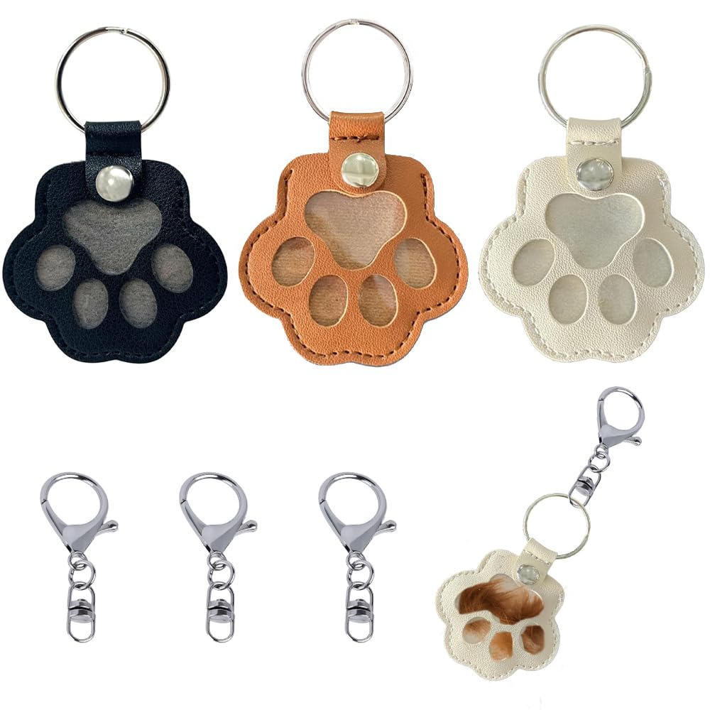 Mwrenqei 3 PCS Pet Memory Collector Keychain PU Leather Pets Hair Storage Pouch Box Paw Print Shape Cat Dog Fur Keepsake Keyring for Collecting Hair Animal Memorial Gifts