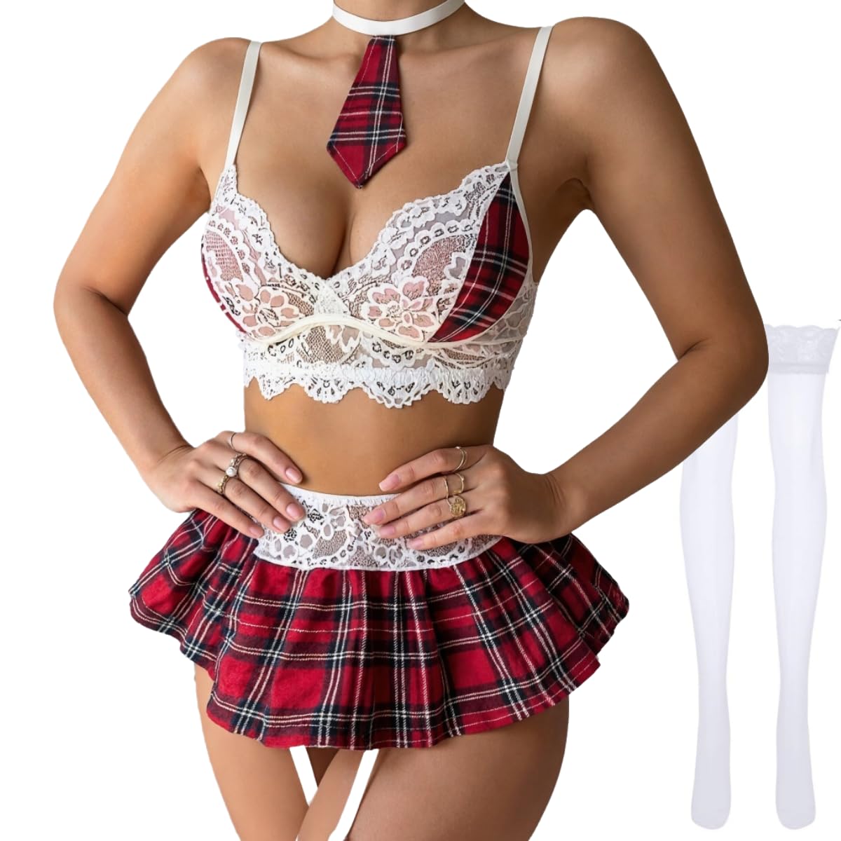 VicSec Women's Cosplay Costume Set 2 Piece Outfit Crop Top with Plaid Mini Skirt, Red White Black (Style A, XL)