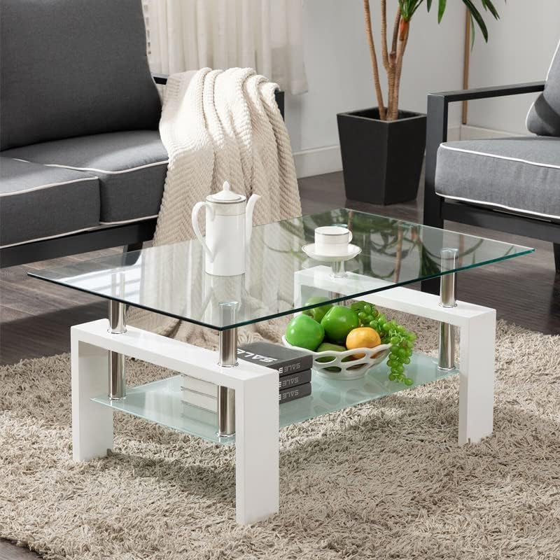 Glass Top Coffee Table for Living Room Square Center Side Table w Tempered Glass Tabletop Stainless Steel Legs