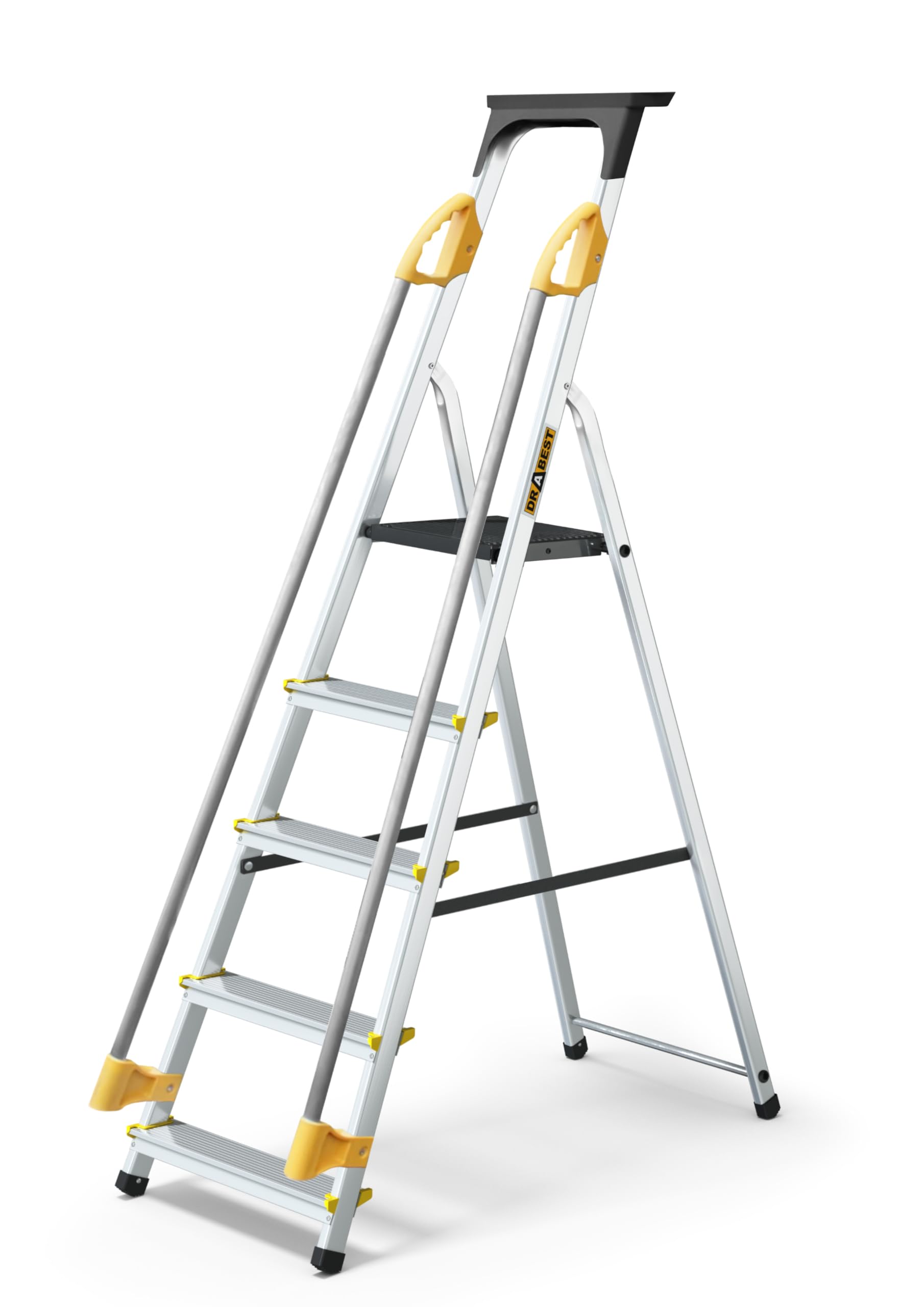 Drabest Silver Pro Series 5 Step Ladder Folding - Aluminum Folding Ladder - Lader With Safety Handrails & Work Platform - Stepladders 5 Tread - Capacity 150 Kg - Multi-Purpose Ladders - 45X170x12cm