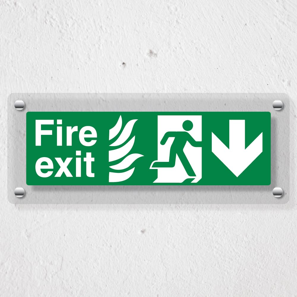 V Safety NHS Fire Exit Arrow Down - 450 x 150 mm - Acrylic Perspex Cast Clear Safety Sign