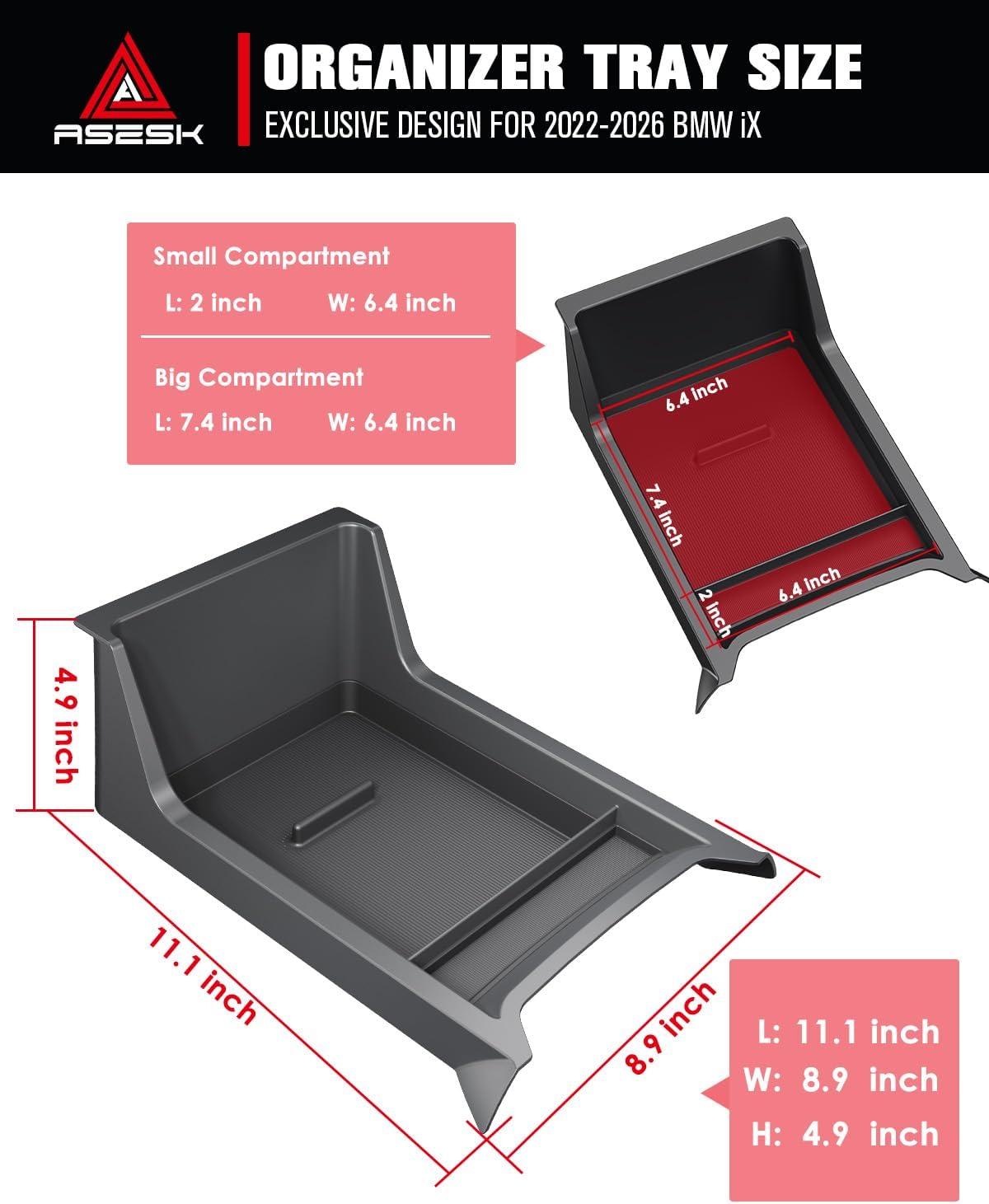 For BMW iX Lower Console Tray - Compatible with 2022-2026 BMW iX Center Console Organizer Tray [2026 Patented Design] with Anti-Slip Thick Liquid Silicone Mat - [Car Food Tray] [2-Compartment] - Black