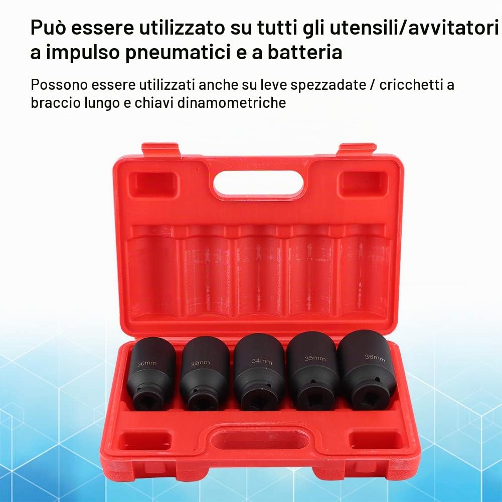 Bussola a percussione profonda per azionamento, 5 pezzi dado per mozzo con asse a 12 punti Strumento per bussola a percussione profonda per cricchetto da 1/2 pollice