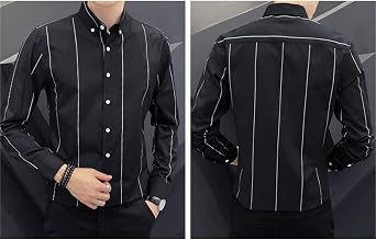 DGHM-JLMY Men's Pinstripe Slim Lapel Shirt Long Sleeve Fashion Casual Shirt Business Striped Button Down Shirts (Black,XX-Large)