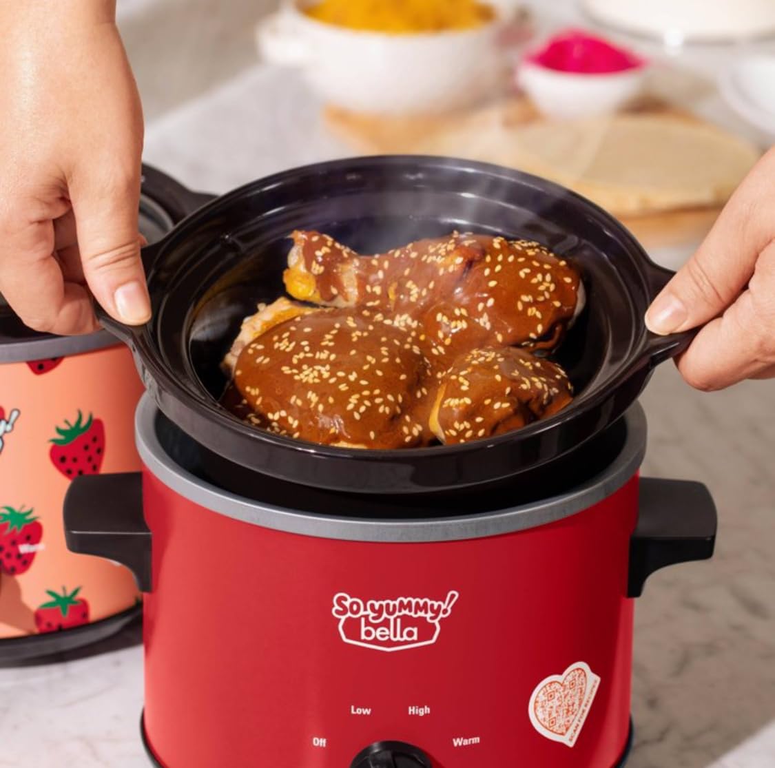 So Yummy by bella 2.0qt Twin Set Slow Cooker Red and Strawberry Pattern