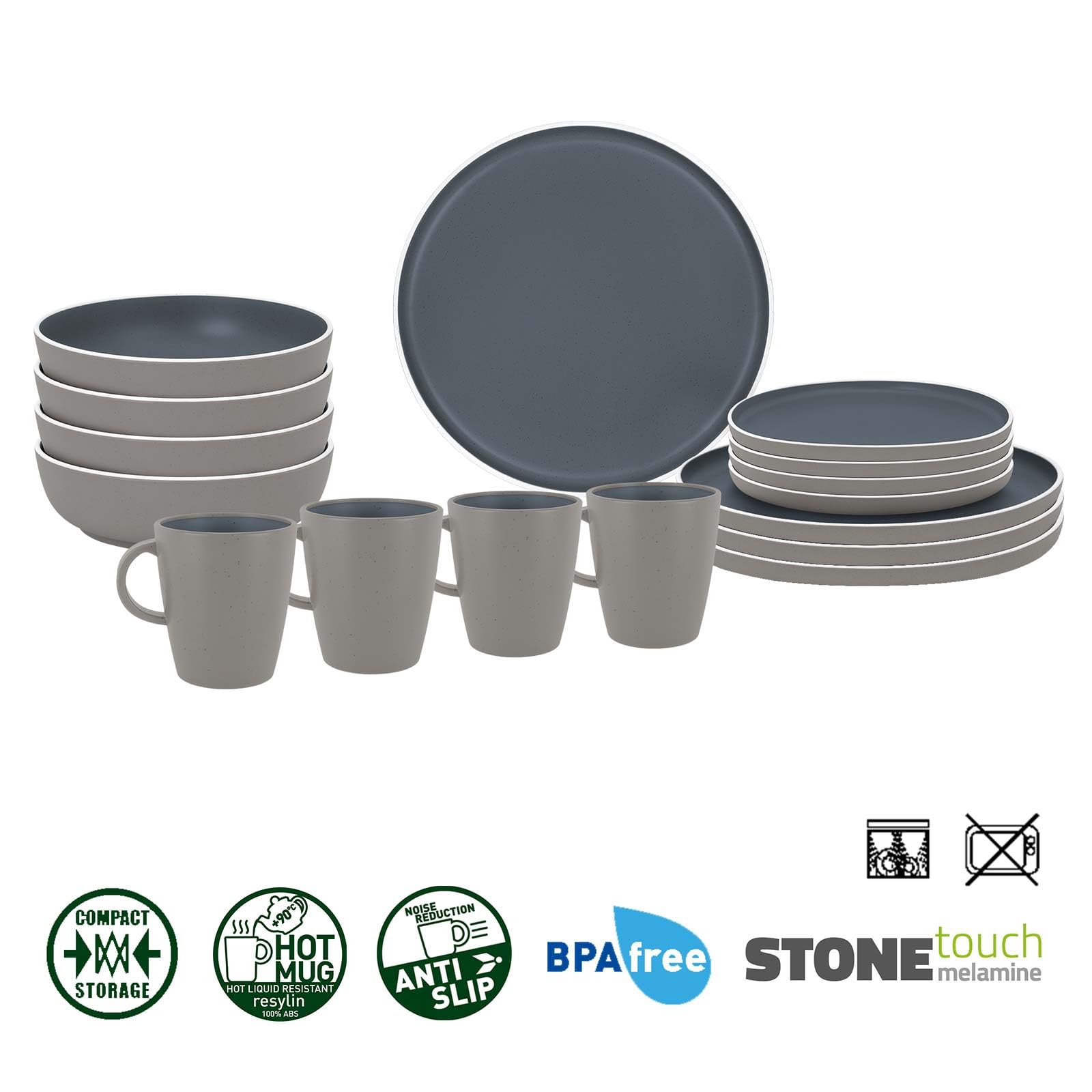 BRUNNER Camping-Geschirr-Set Melamin 2-4 Personen (12, 16 oder 36-teilig) Trilogy Dark - Stapelbar, Kratzfest - hochwertig + edel 3-farbig blau + grau | Steingutoptik und Porzellanhaptik | Antislip