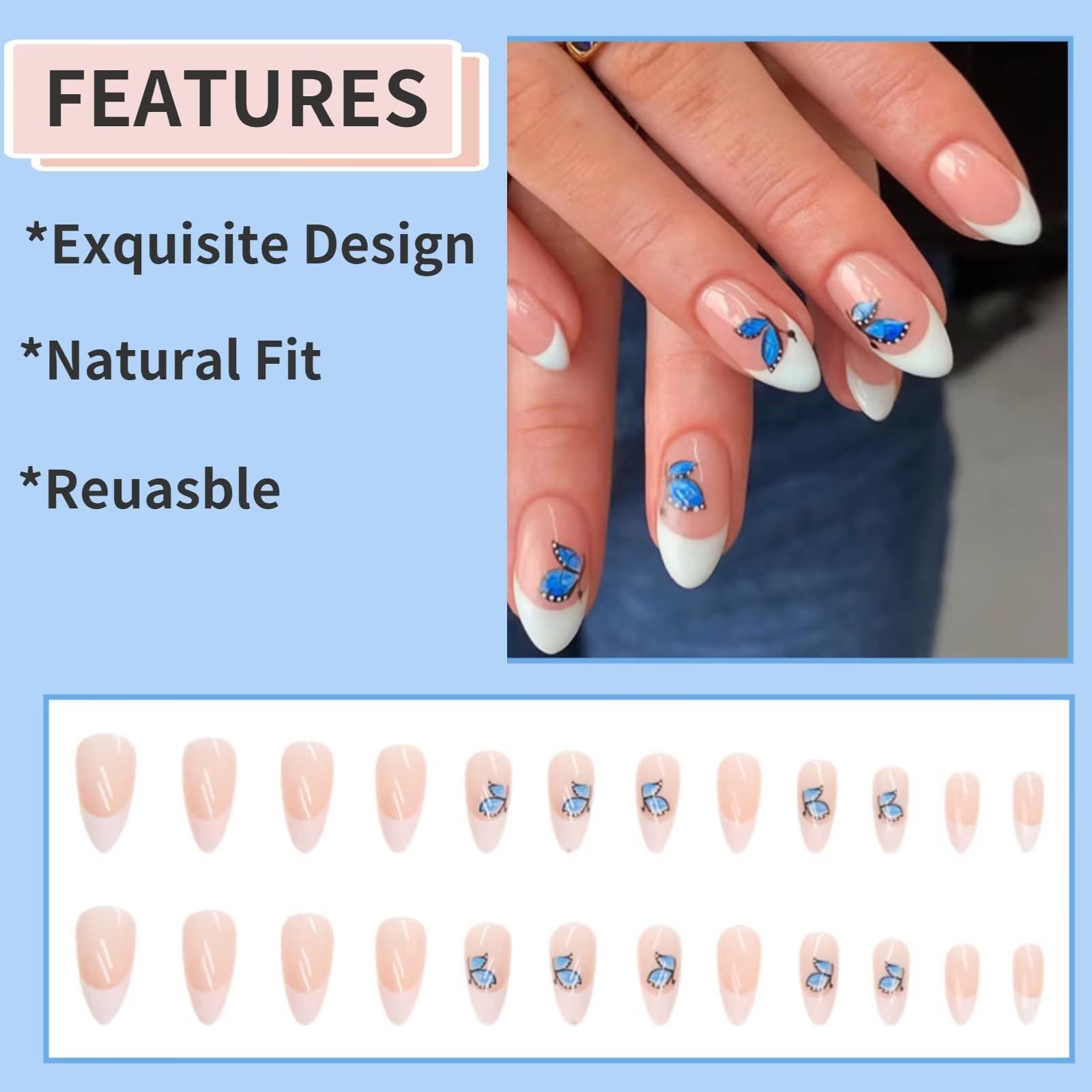 RUNRAYAY Blue Butterfly Acrylic Fack Nails Short with French Tips - Image 3