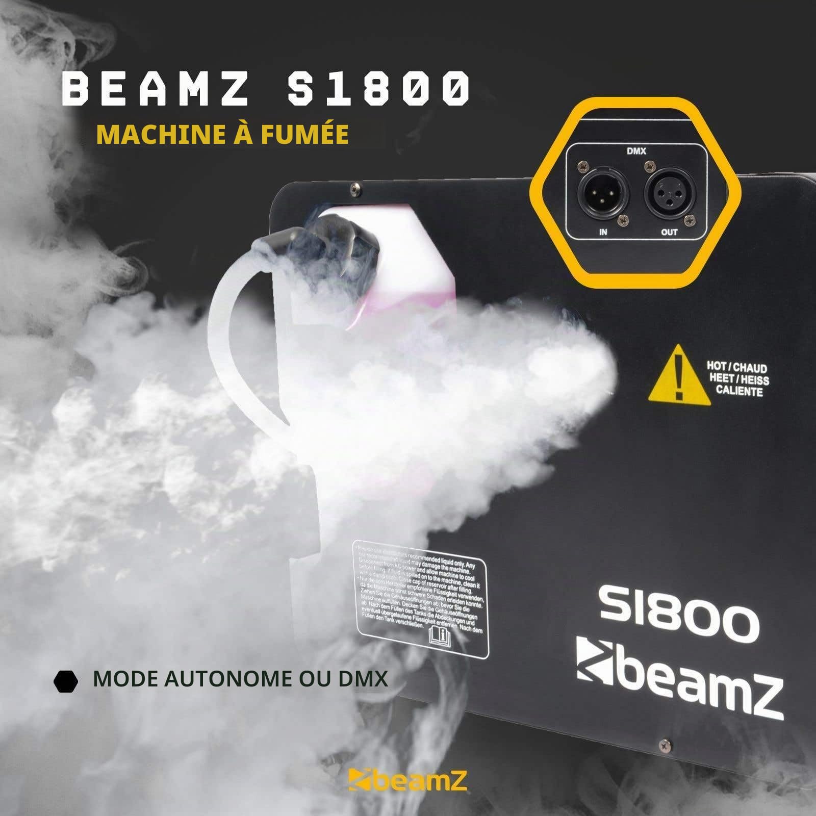 BeamZ S1800 Machine à Fumée 1800 W, DMX, Télécommande 3m, 350 m³ de Fumée par Minute, Position Horizontale ou Verticale, Réservoir Amovible 2,5 L, Idéal pour Concerts, Shows ou Discothèques