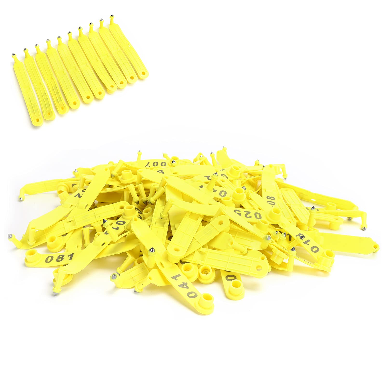 Etichetta auricolare per pecora Carta di identificazione animale 100 pezzi Doppia piegatura Giallo Numero integrato Forniture agricole durevoli Attrezzatura per marcatura per