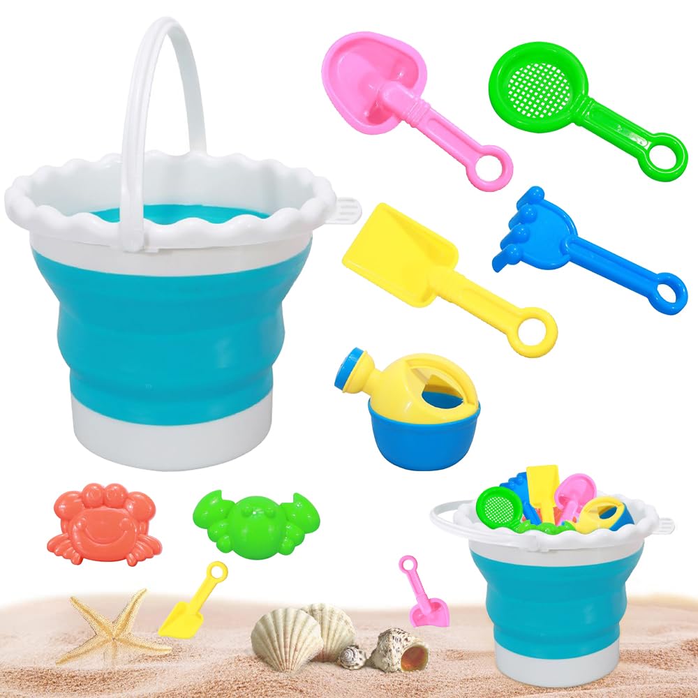 LUFEIS Juguetes De Playa para Niños, 8 Piezas Juguetes Playa Niños, Juguetes Playa Silicona, Juguetes Playa con Cubo Playa Plegable, Juegos Playa Bebe, Juguete de Exterior Regalo para Niño Niña