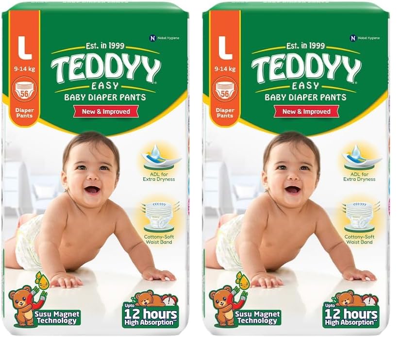 Image of TEDDYY Baby Diapers Pants Easy Large 56 Count (Pack of 2), 9-14 kgs, 12 hrs Leak Protection, Anti - Bacterial