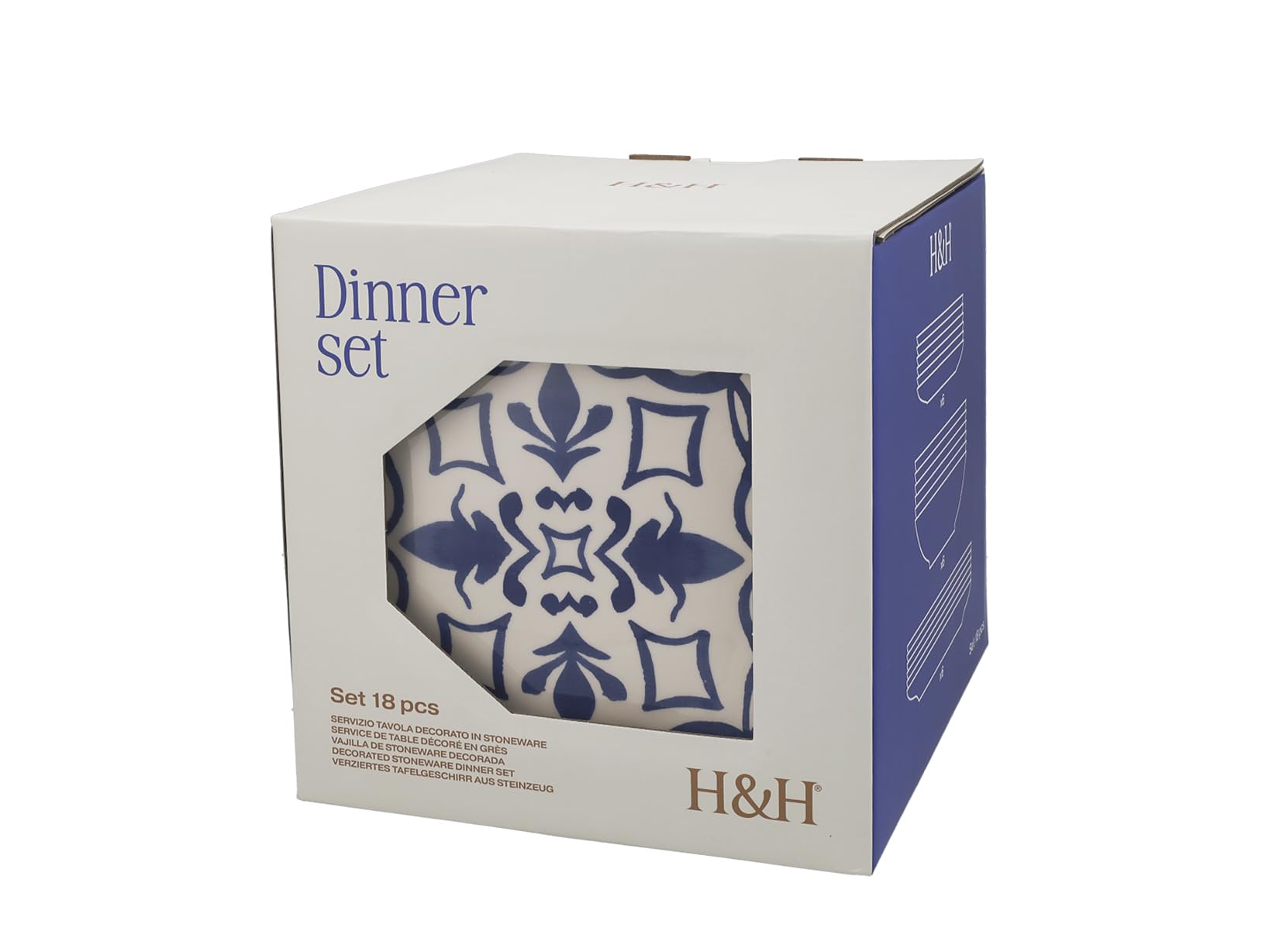 H&H Beatriz Servizio Tavola 18 Pezzi in Stoneware Decorato, Set Piatti Completo per 6 Persone, Design Blu con Motivi Floreali e Geometrici Ispirato alle Maioliche Mediterranee