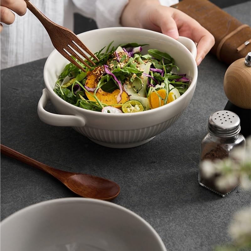 Tazón de sopa de cerámica Retro tazón de sopa de cerámica hogar doble mango tazón de fruta tazón para pasta ensaladera Platos de cena(A)